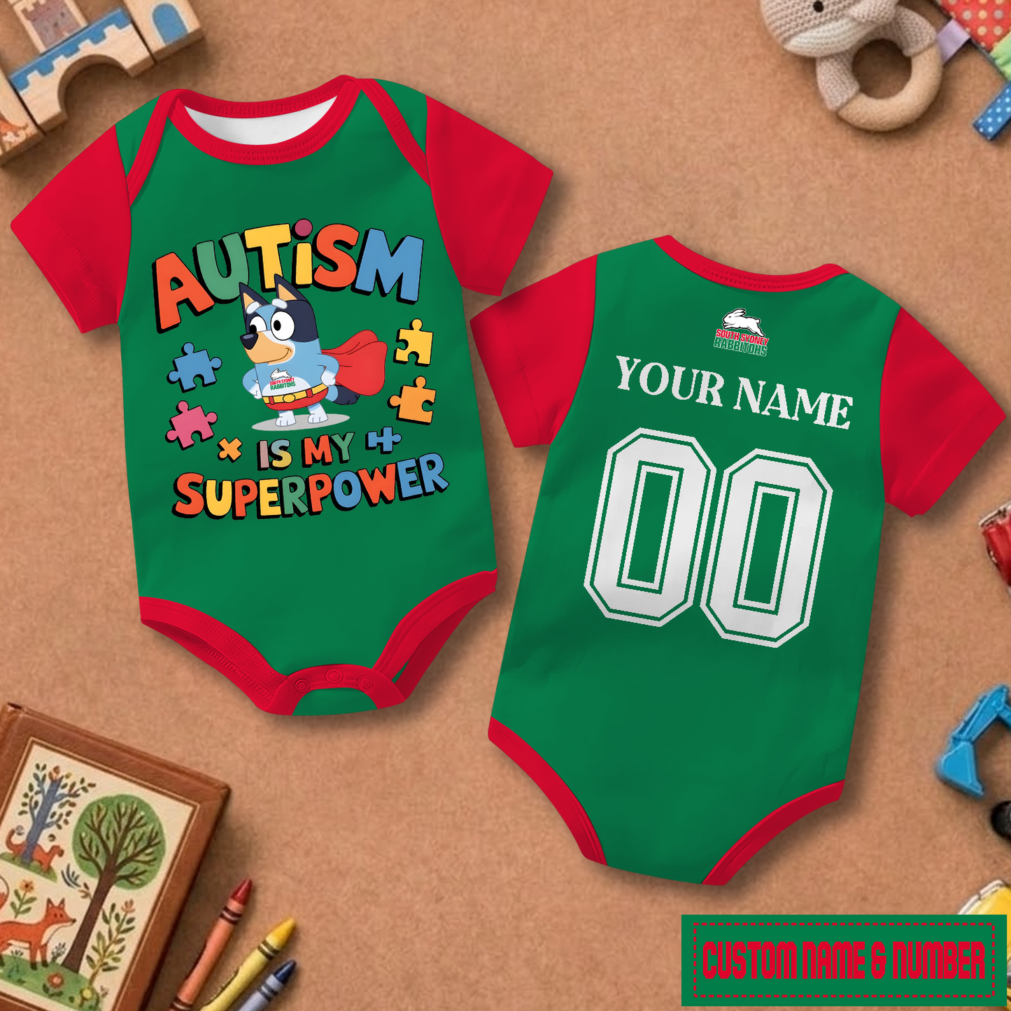 SOU x NRL Custom Name & Number  Baby Romper DATND TANTD
