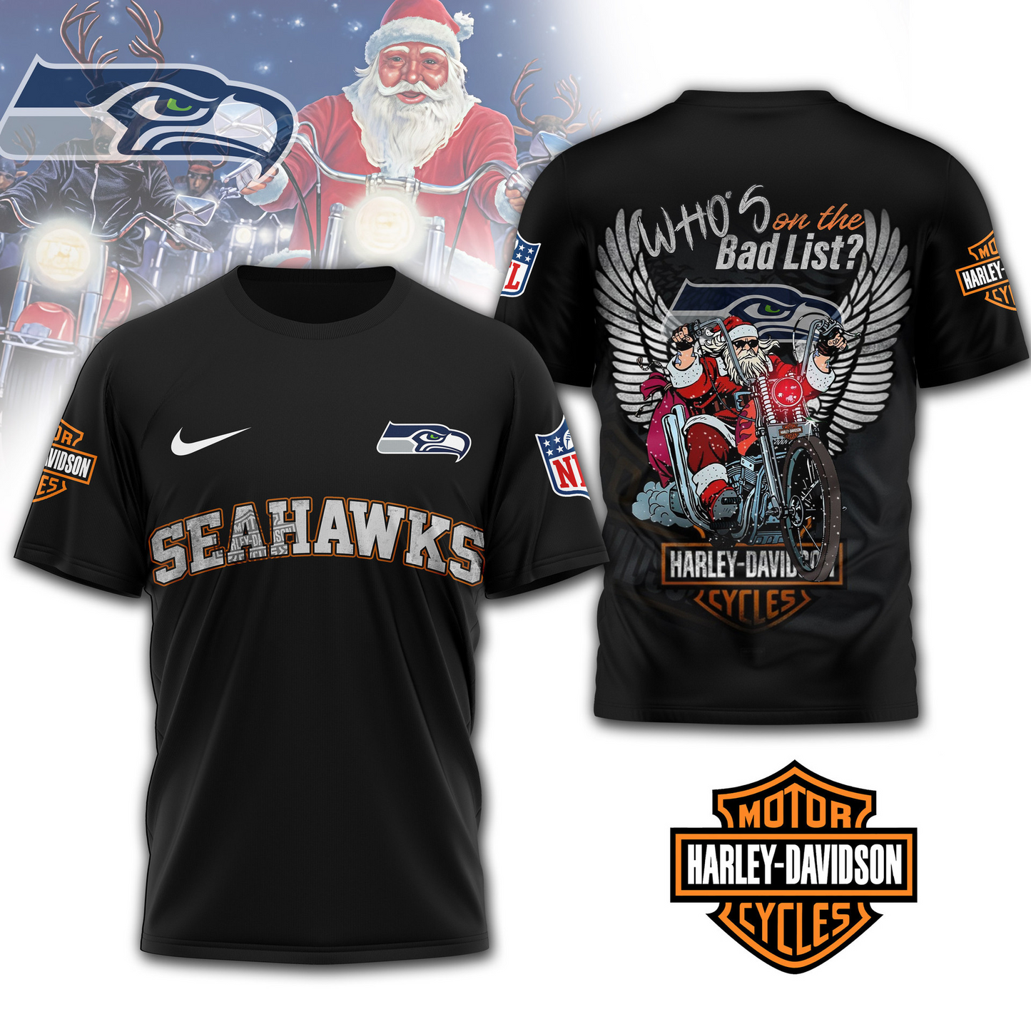 SS Premium NFL Harley-Davidson Santa Claus 3D Shirt DDT NTL