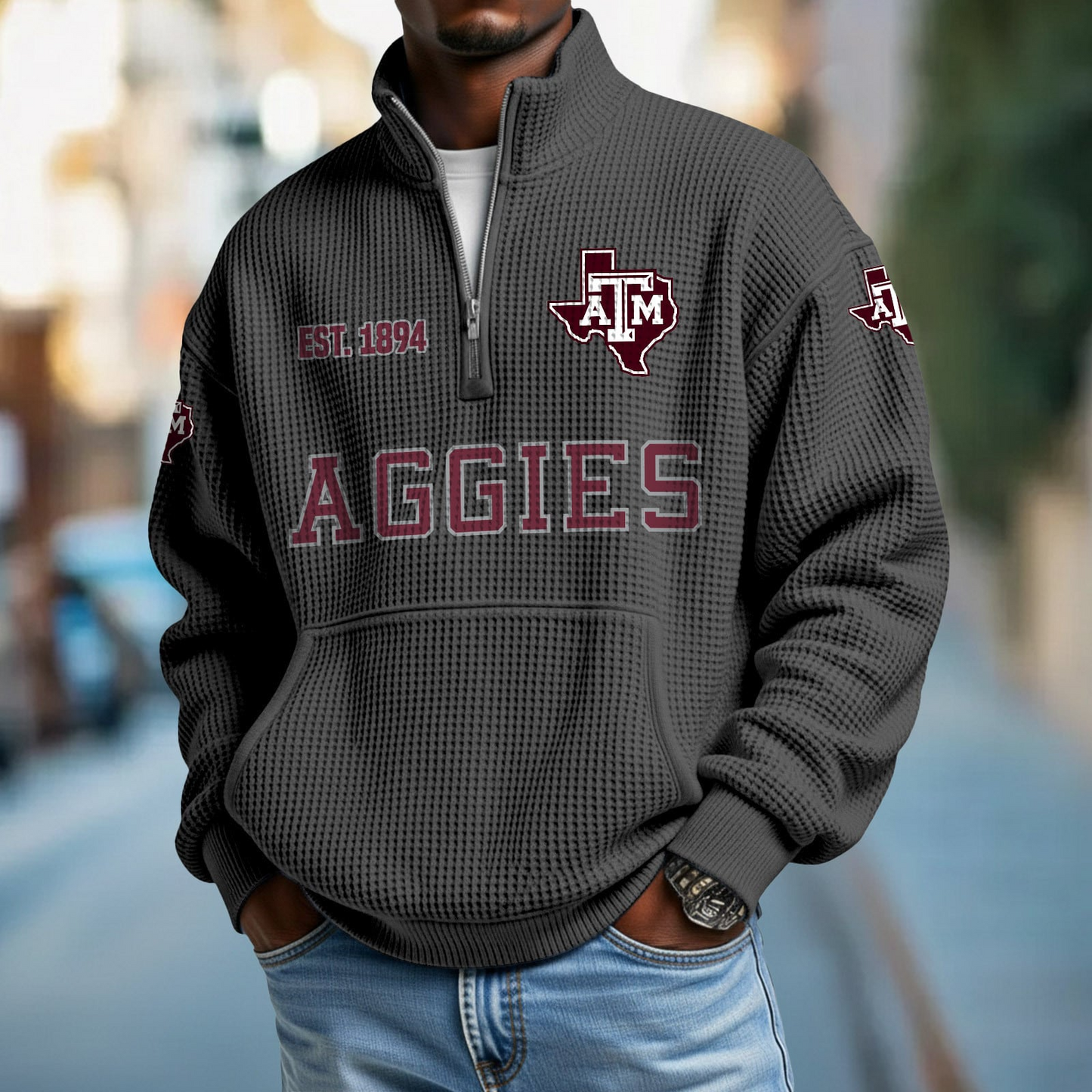 TAMU x College Football - Waffle Stand Collar Half Zip Sweatshirt DatND DVT