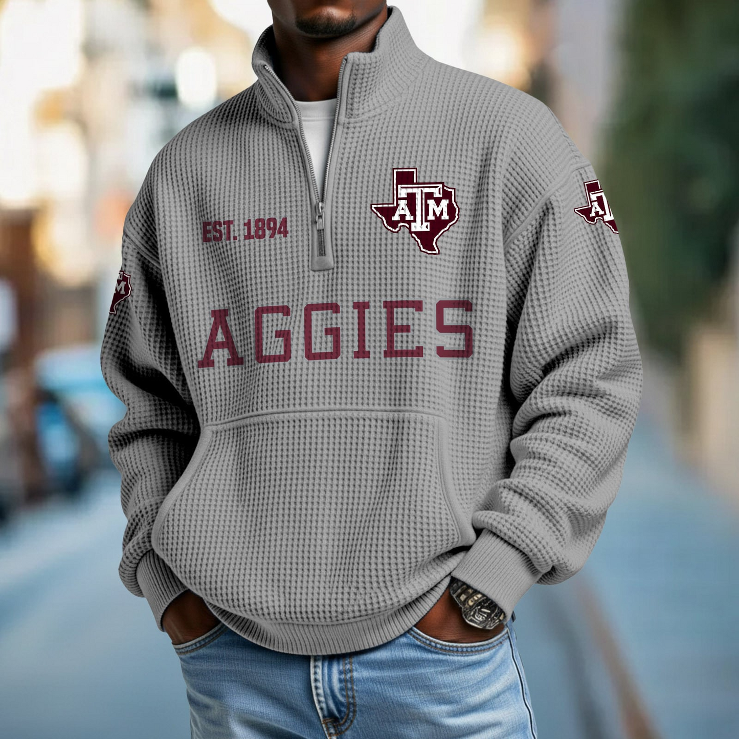 TAMU x College Football - Waffle Stand Collar Half Zip Sweatshirt DatND DVT
