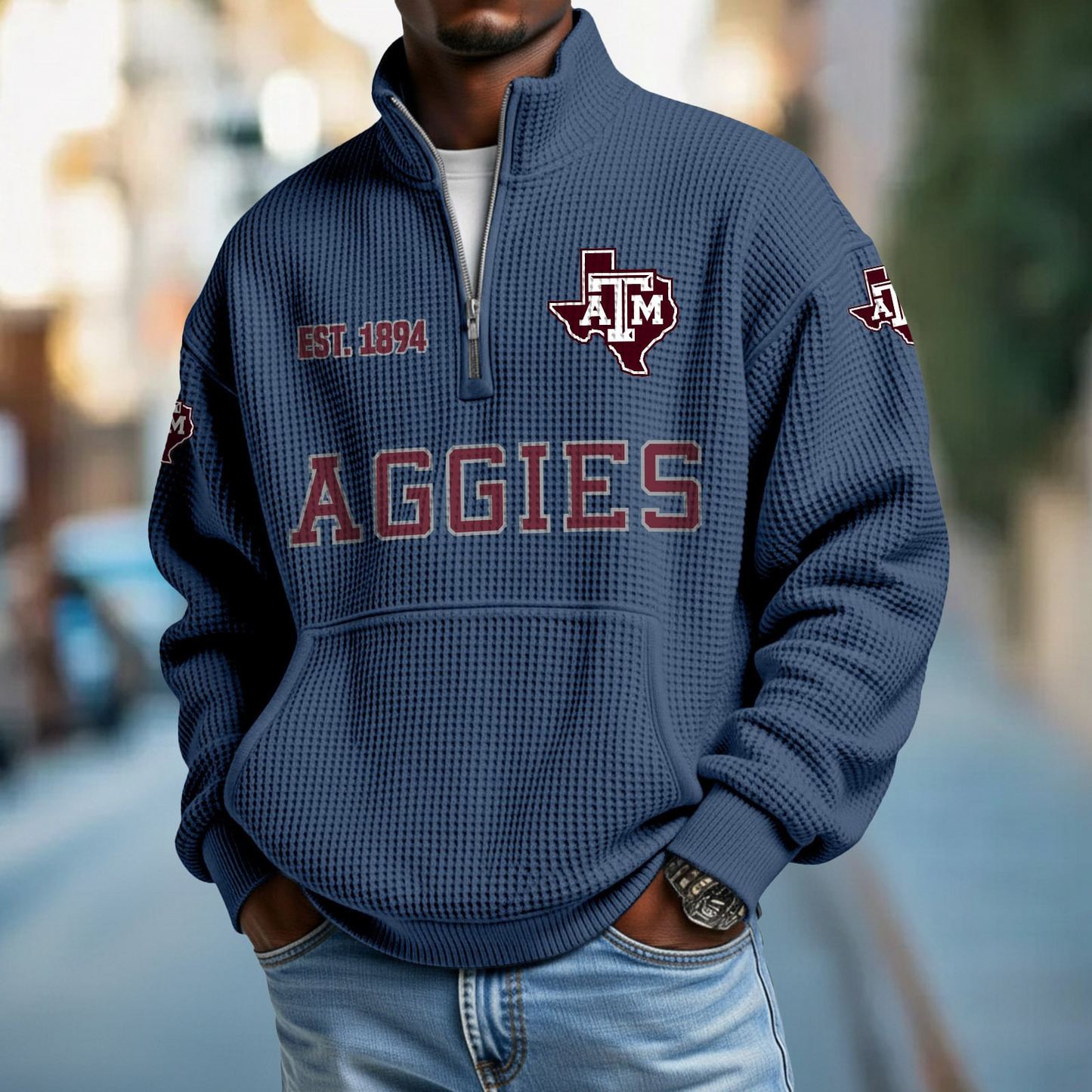 TAMU x College Football - Waffle Stand Collar Half Zip Sweatshirt DatND DVT