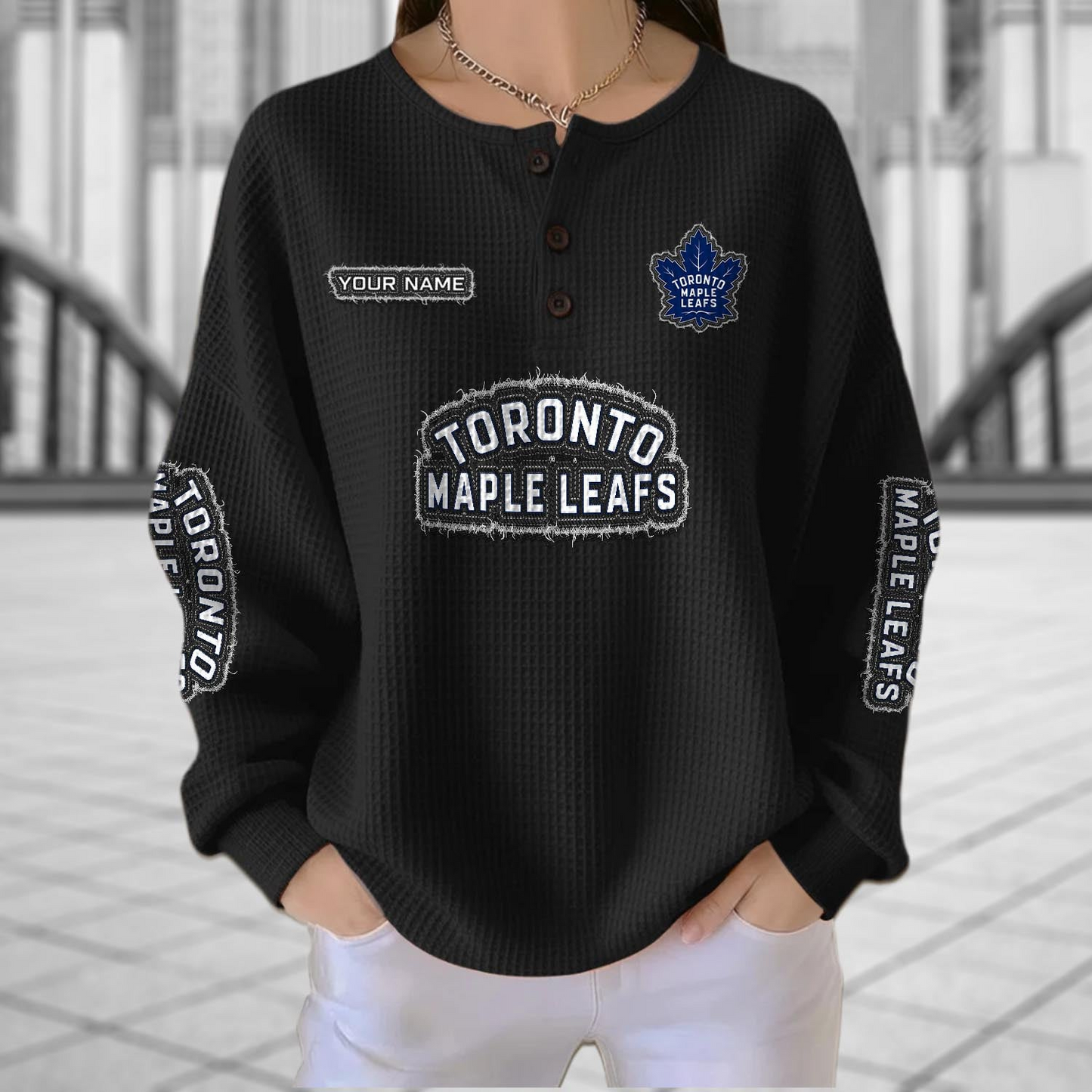 TOR x NHL Personalized Waffle Knit Henley Sweatshirt 2005 DatND DVT