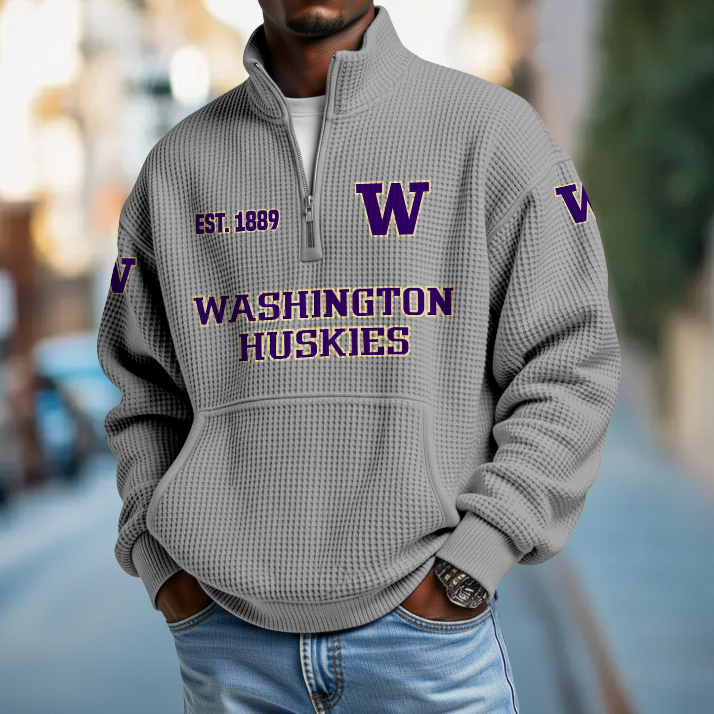 UW x College Football - Waffle Stand Collar Half Zip Sweatshirt DatND DVT
