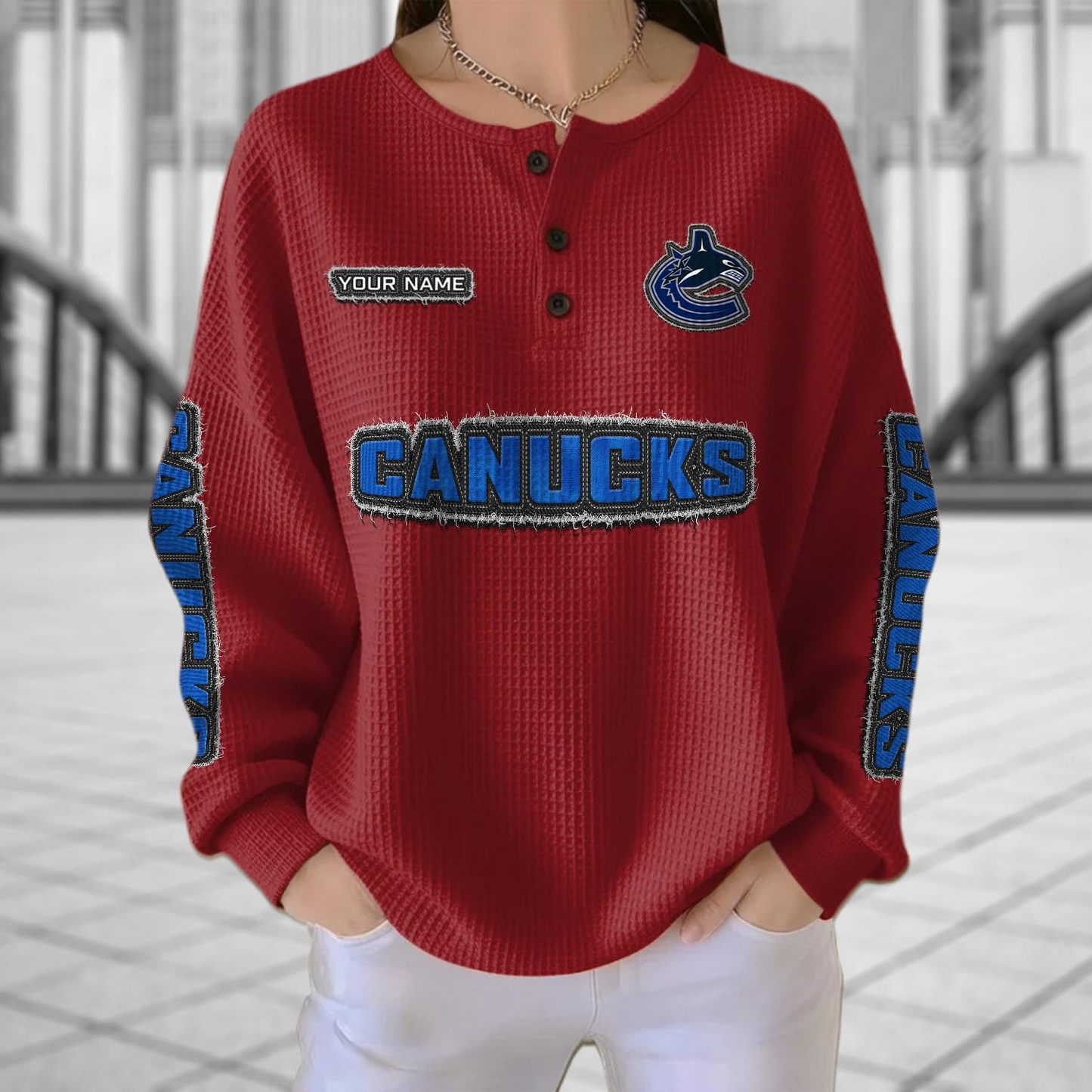 VAN x NHL Personalized Waffle Knit Henley Sweatshirt 2005 DatND DVT