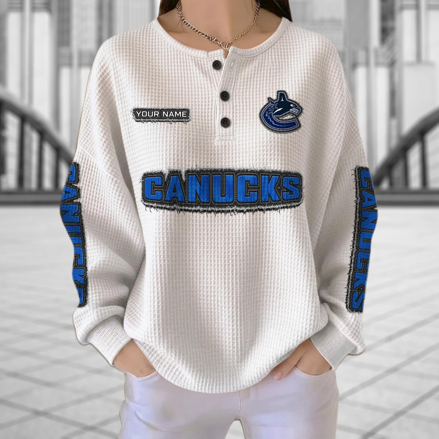 VAN x NHL Personalized Waffle Knit Henley Sweatshirt 2005 DatND DVT