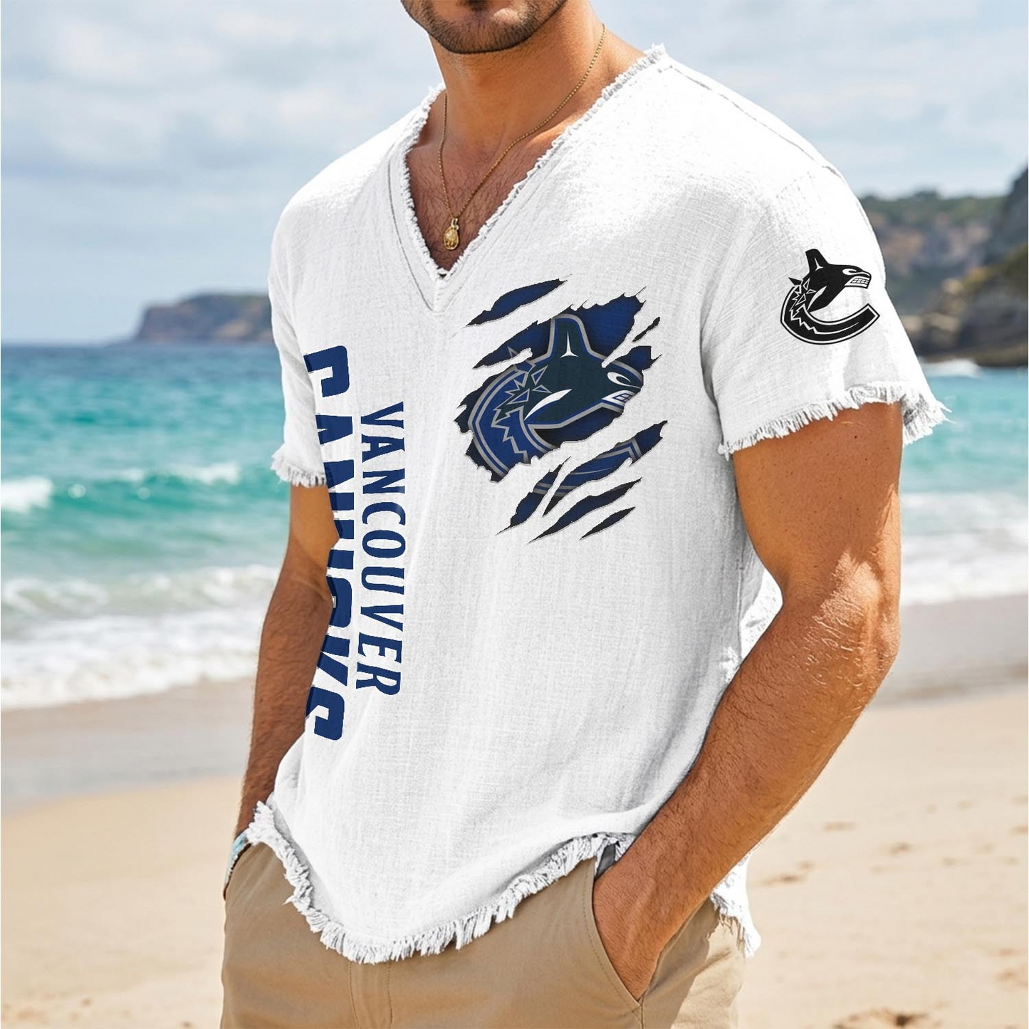 VAN x NHL V-Neck Linen Beach Shirt 1905 DatND DVT