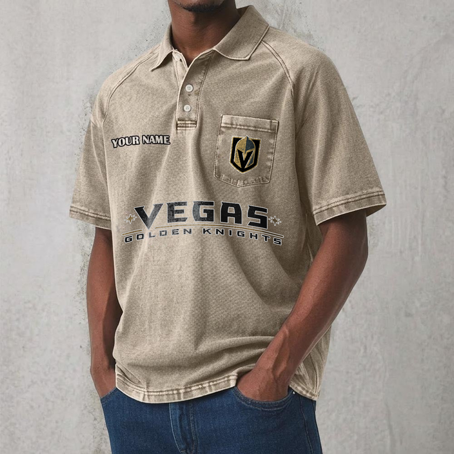 VGK x NHL Men's Distressed Turn-Down Collar Polo DATND TANTD 250526