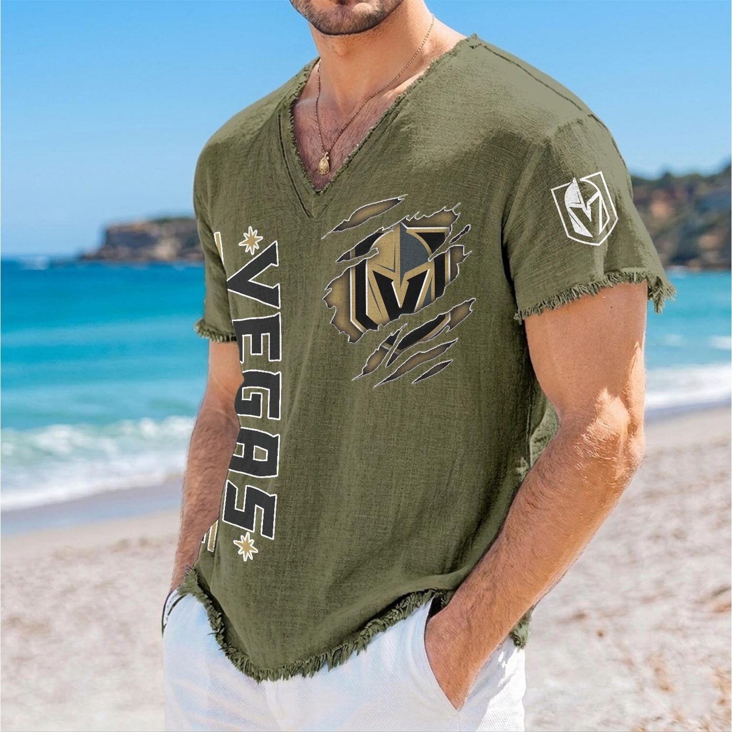 VGK x NHL V-Neck Linen Beach Shirt 1905 DatND DVT