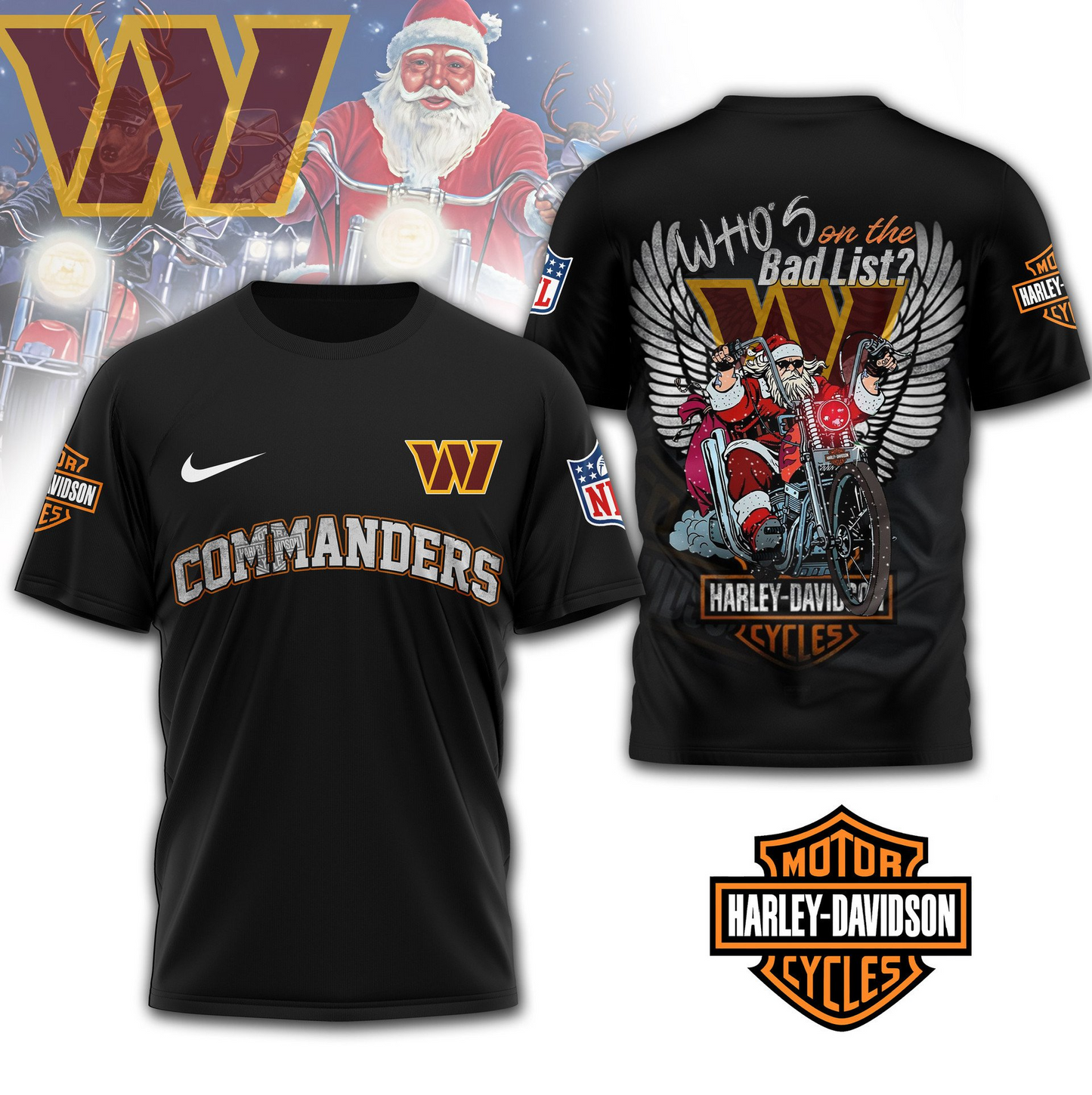 WC Premium NFL Harley-Davidson Santa Claus 3D Shirt DDT NTL
