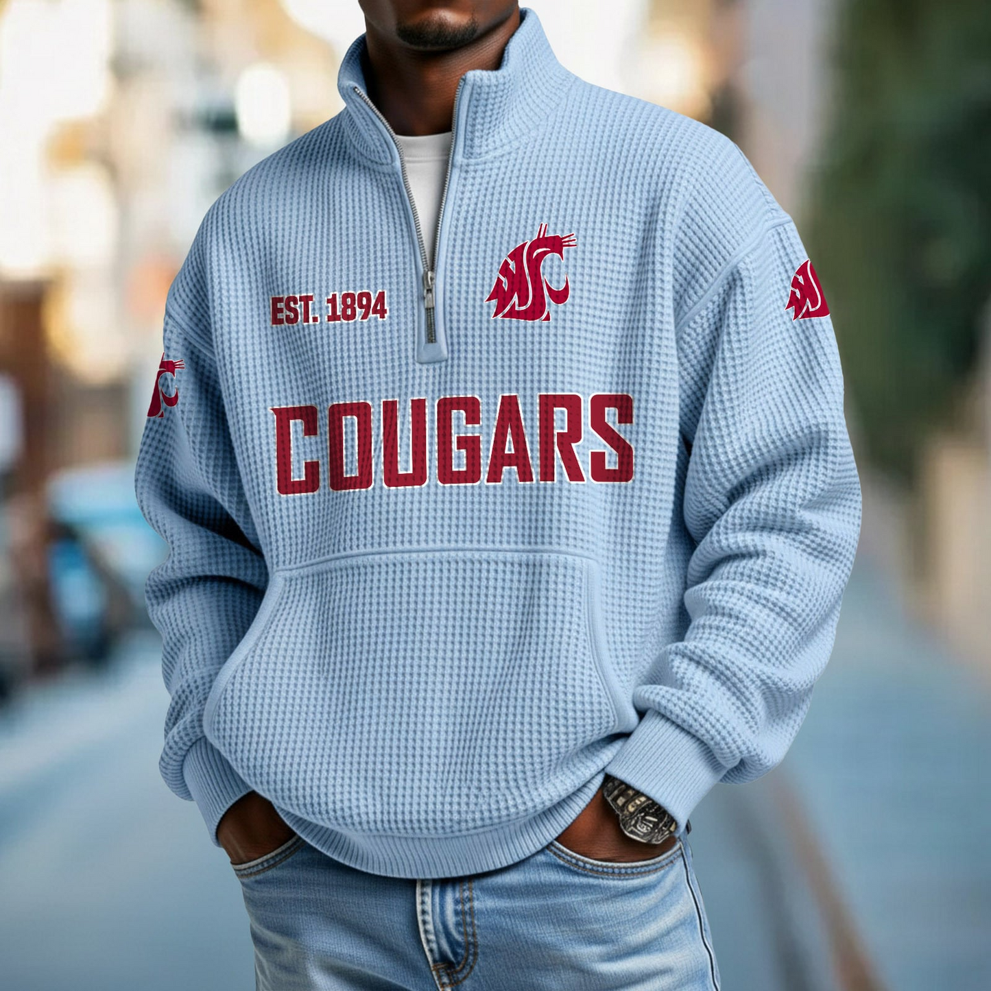 WSU x College Football - Waffle Stand Collar Half Zip Sweatshirt DatND DVT