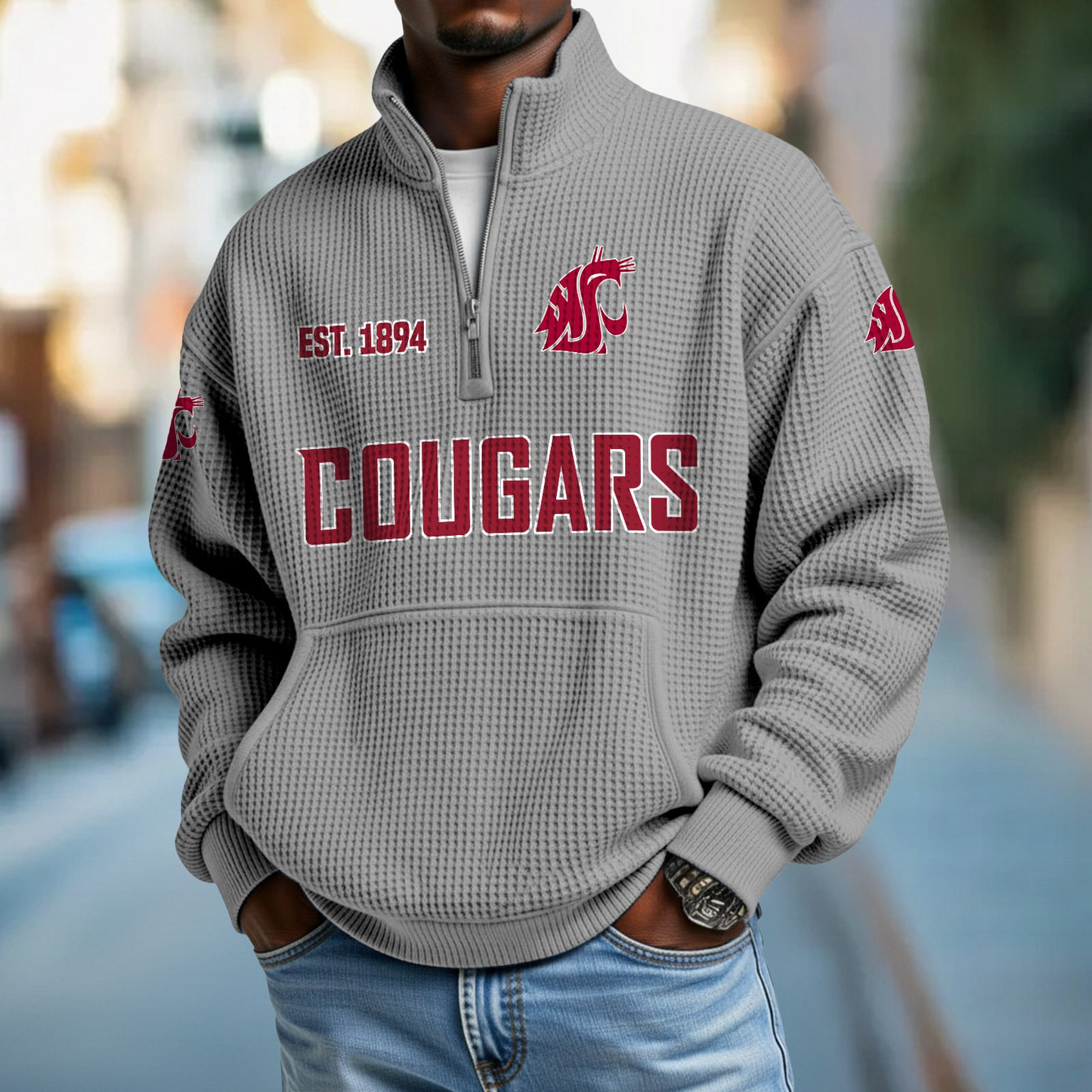 WSU x College Football - Waffle Stand Collar Half Zip Sweatshirt DatND DVT