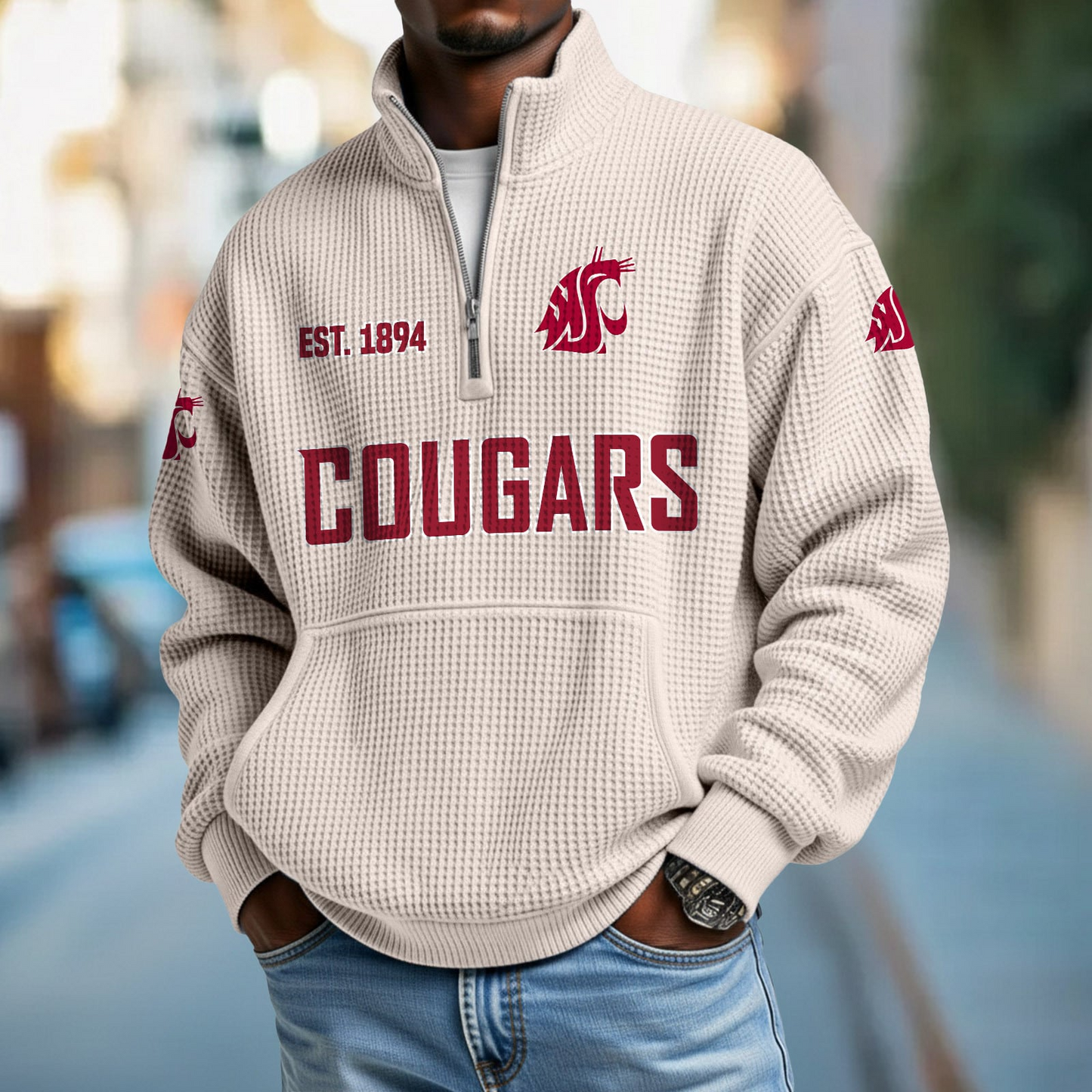 WSU x College Football - Waffle Stand Collar Half Zip Sweatshirt DatND DVT