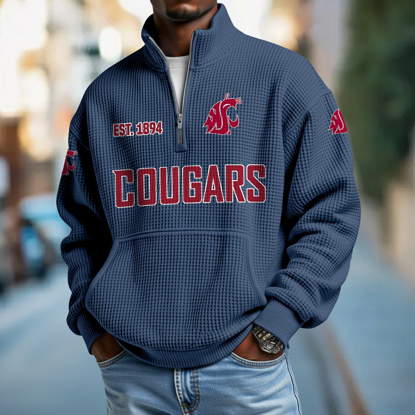 WSU x College Football - Waffle Stand Collar Half Zip Sweatshirt DatND DVT
