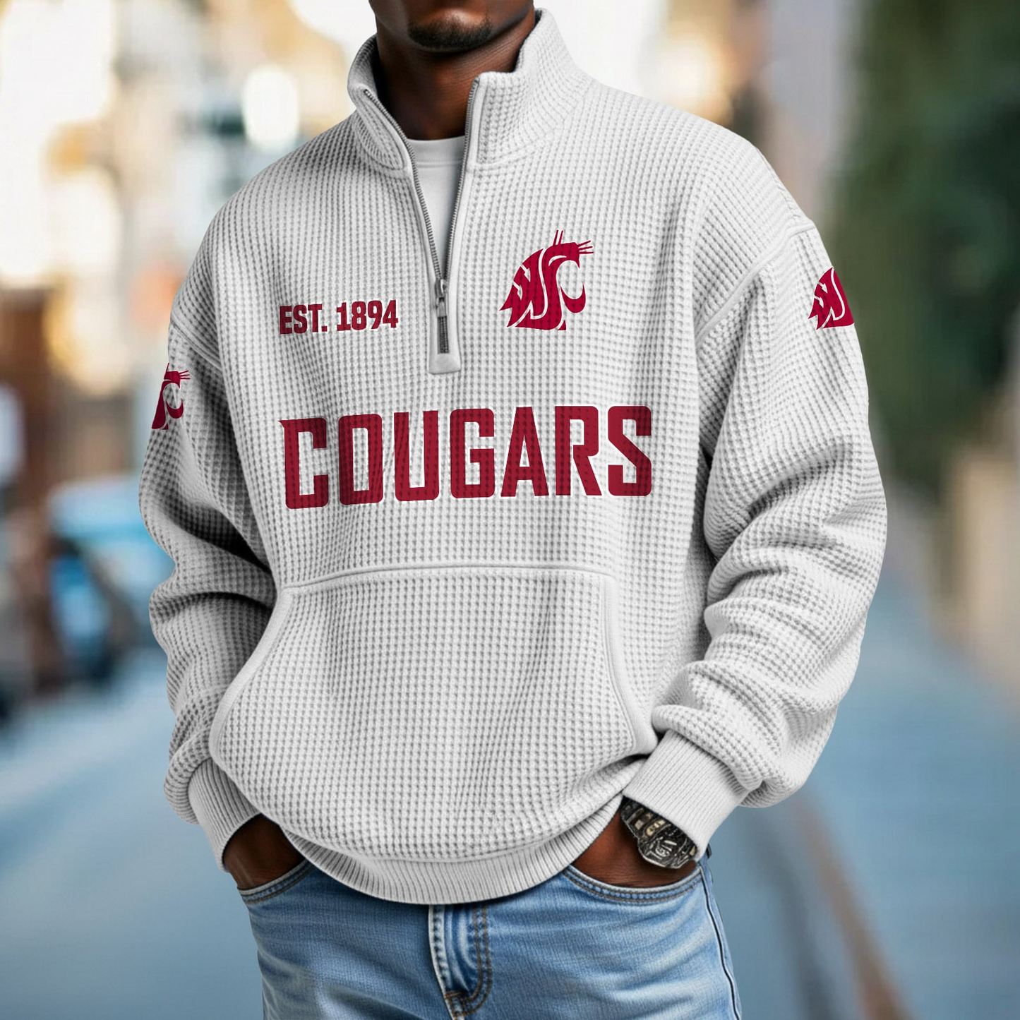 WSU x College Football - Waffle Stand Collar Half Zip Sweatshirt DatND DVT