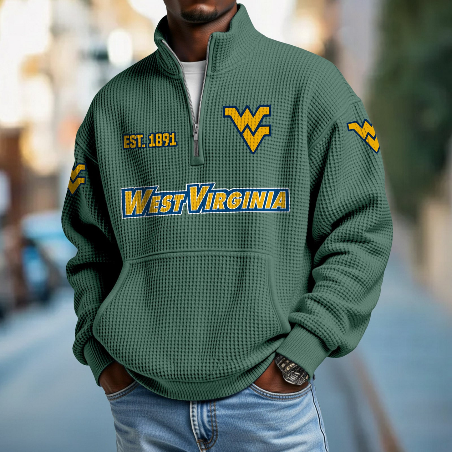 WVU x College Football - Waffle Stand Collar Half Zip Sweatshirt DatND DVT