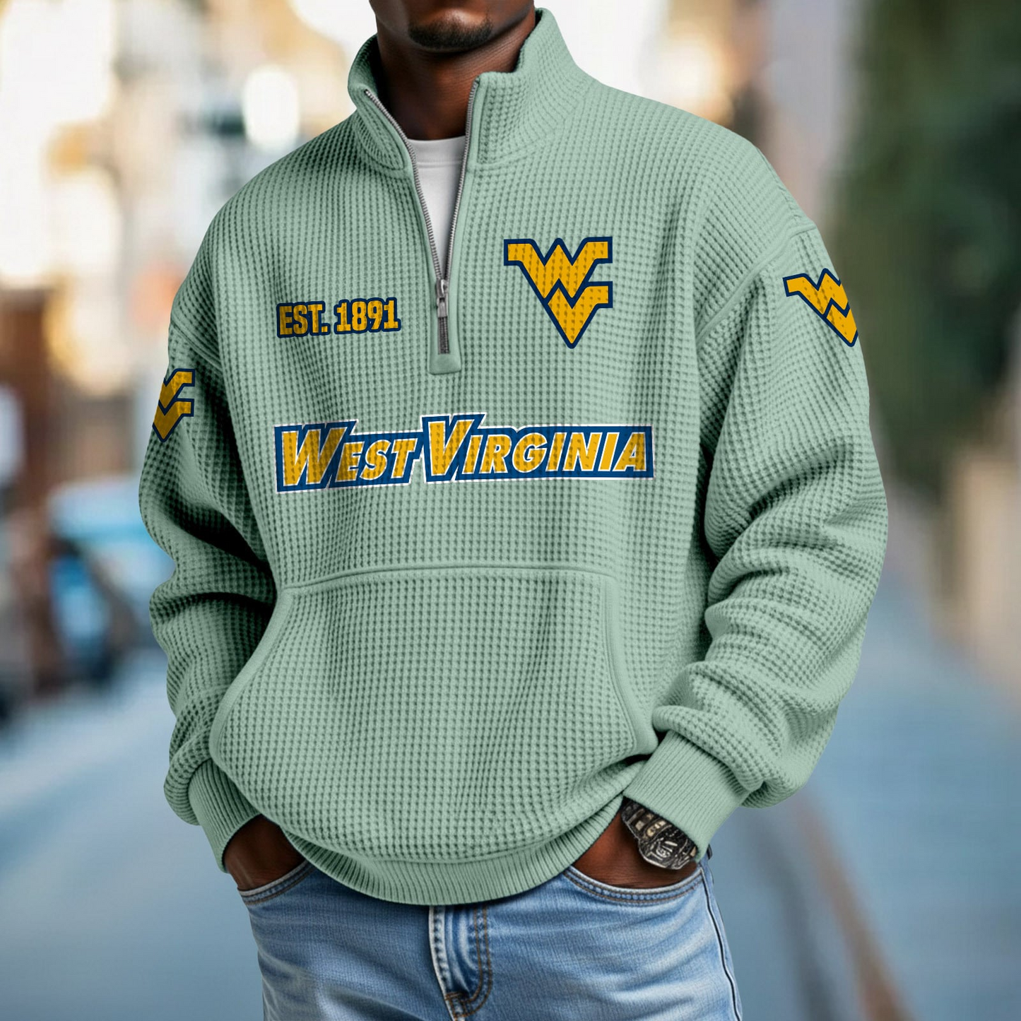 WVU x College Football - Waffle Stand Collar Half Zip Sweatshirt DatND DVT