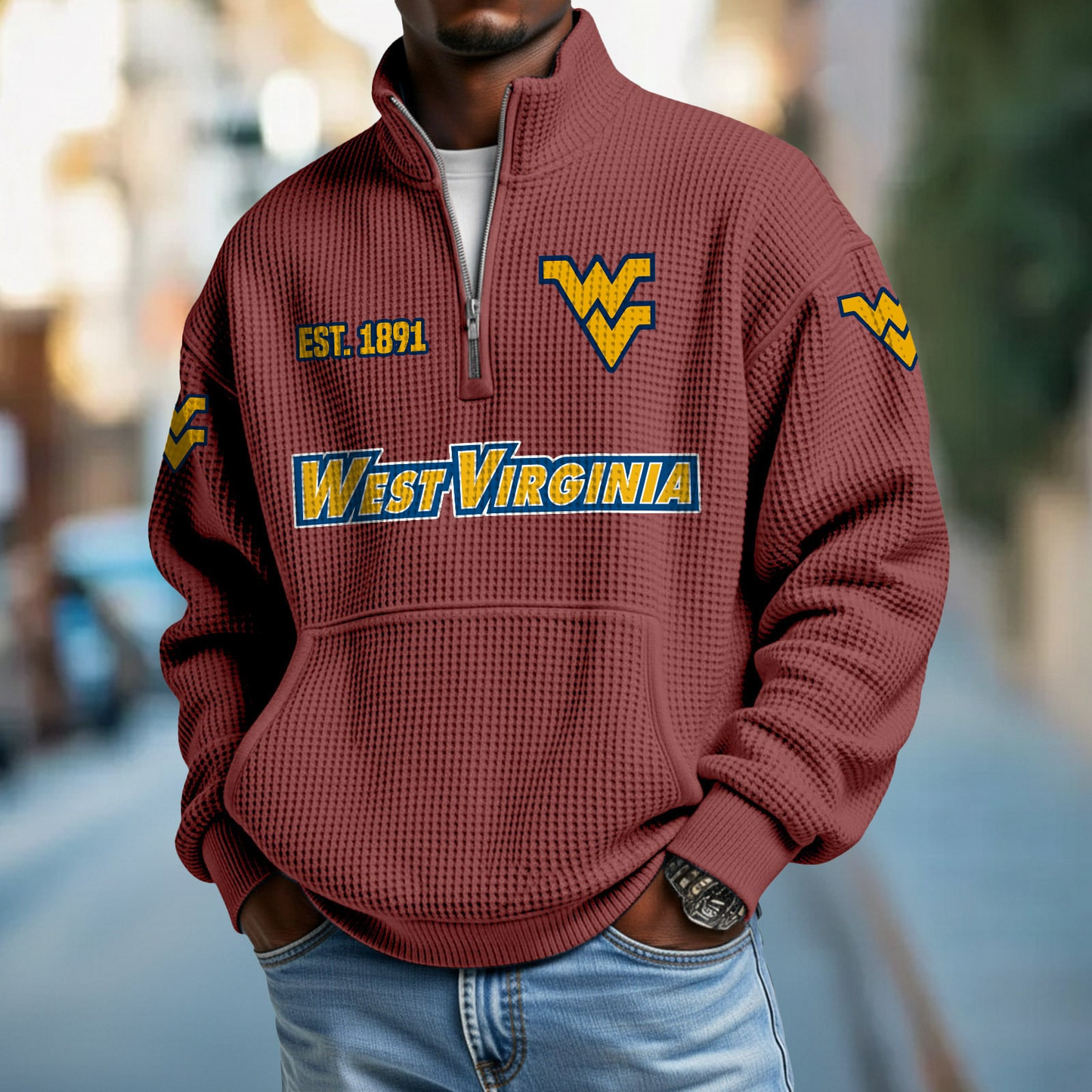WVU x College Football - Waffle Stand Collar Half Zip Sweatshirt DatND DVT