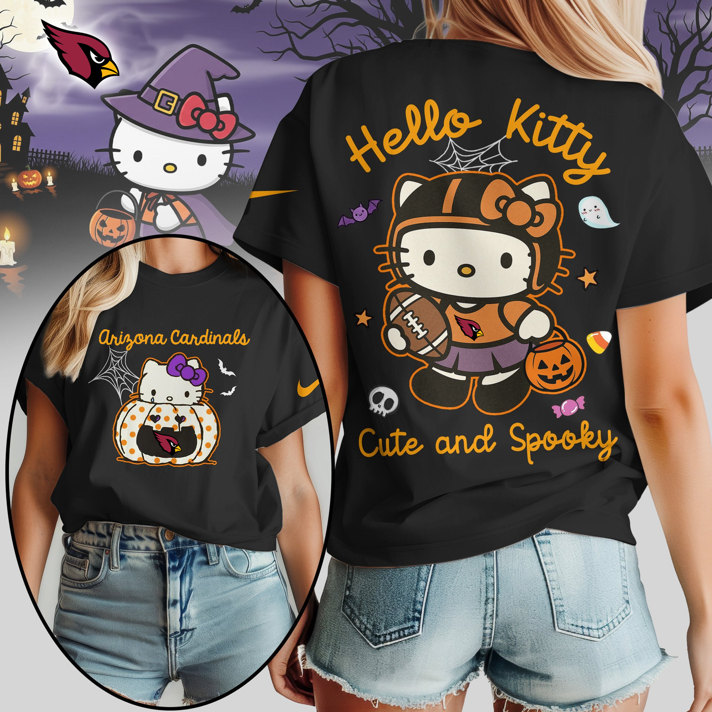 AC Premium NFL Hello Kitty Cute & Spooky Halloween Women Shirt DDT CTND
