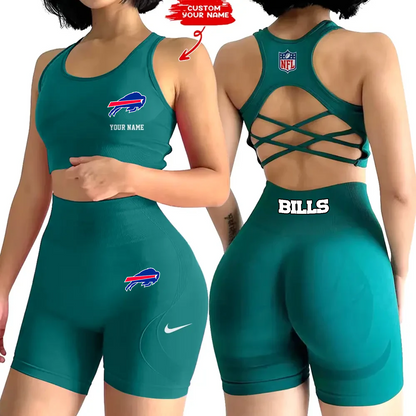BUF x NFL 2-PCS Women's Seamless Yoga Set Sexy Sport Bra High Waist Sports Shorts DATND TANTD