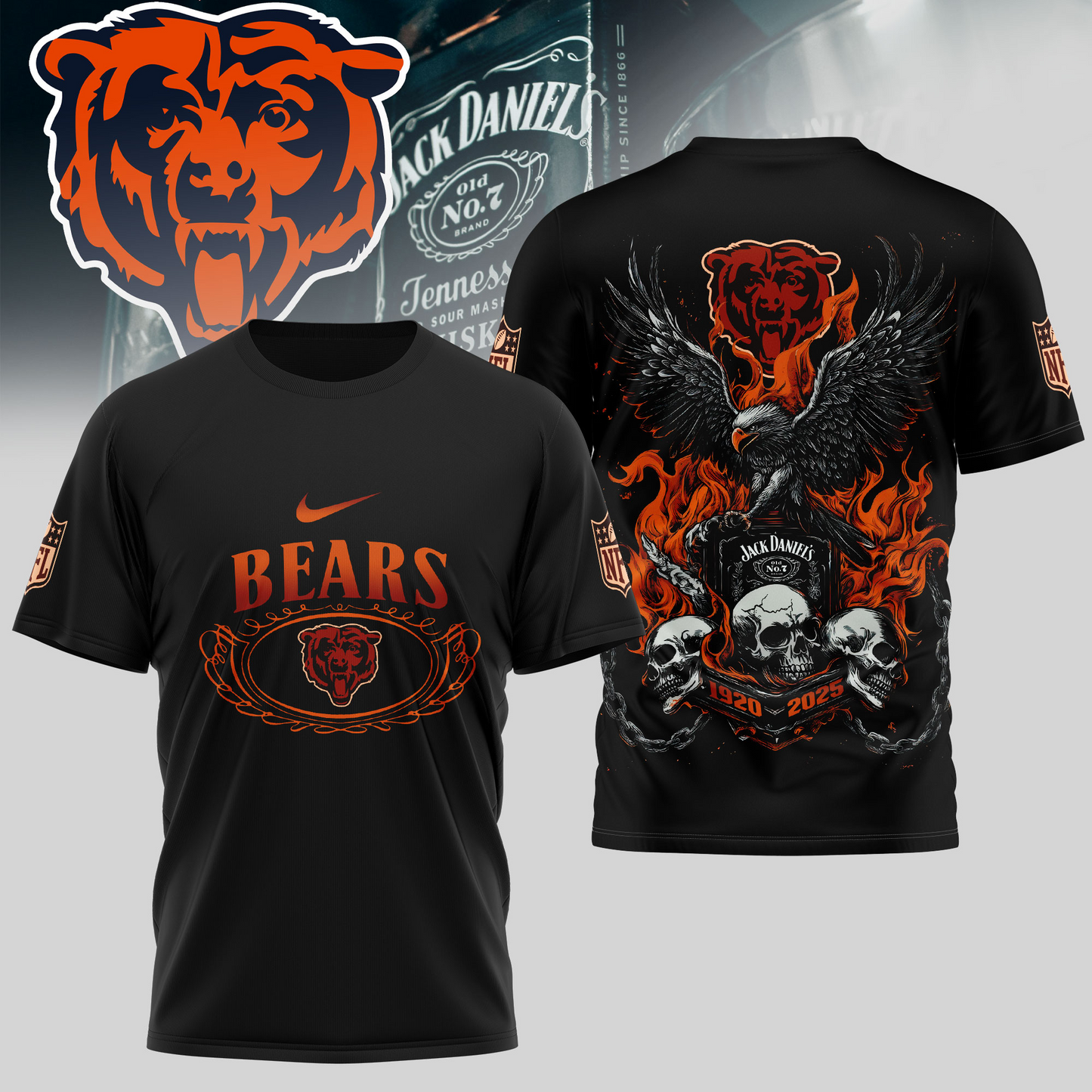 CHI Premium NFL Flaming Eagle Skull T-Shirt DDT CTND
