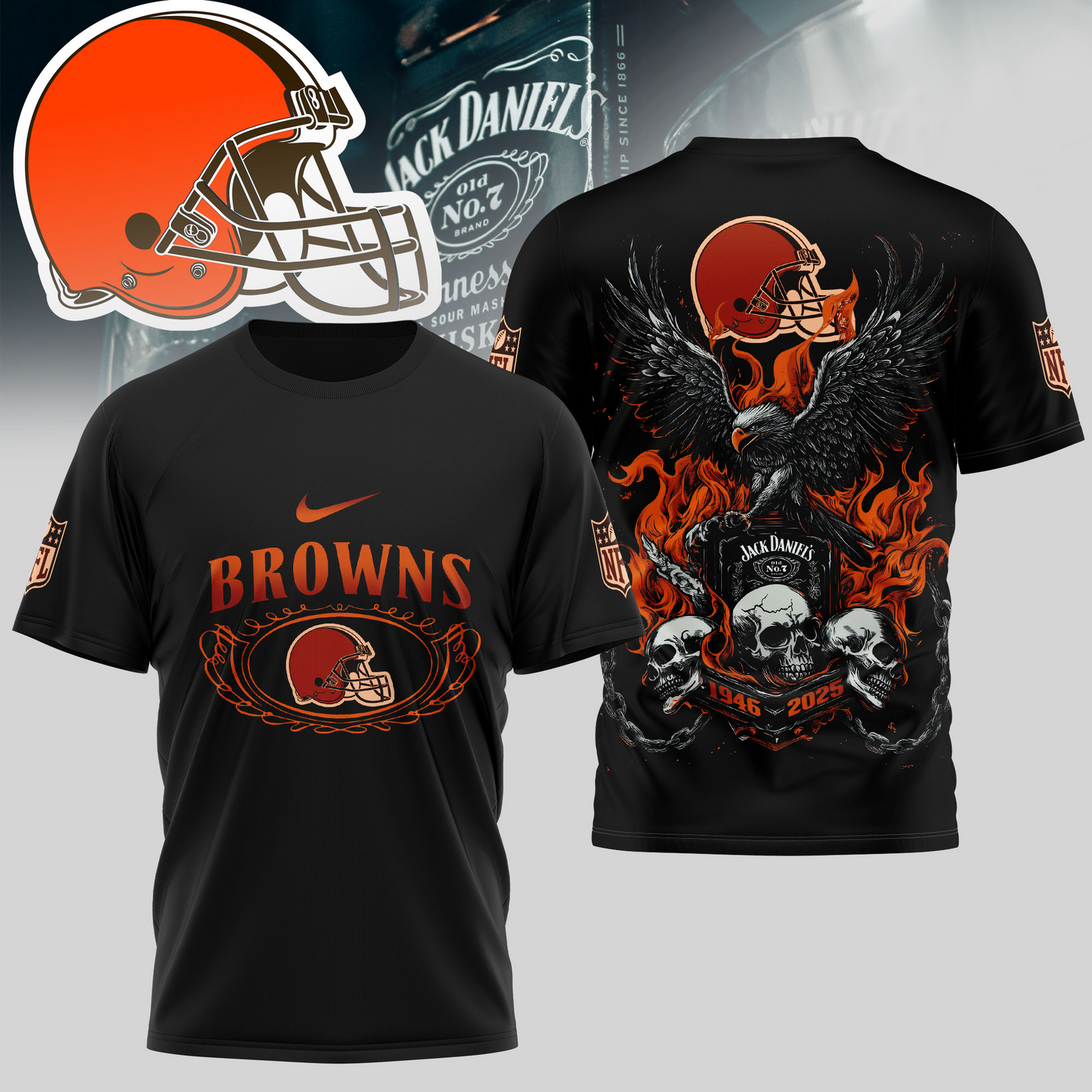 CLE Premium NFL Flaming Eagle Skull T-Shirt DDT CTND