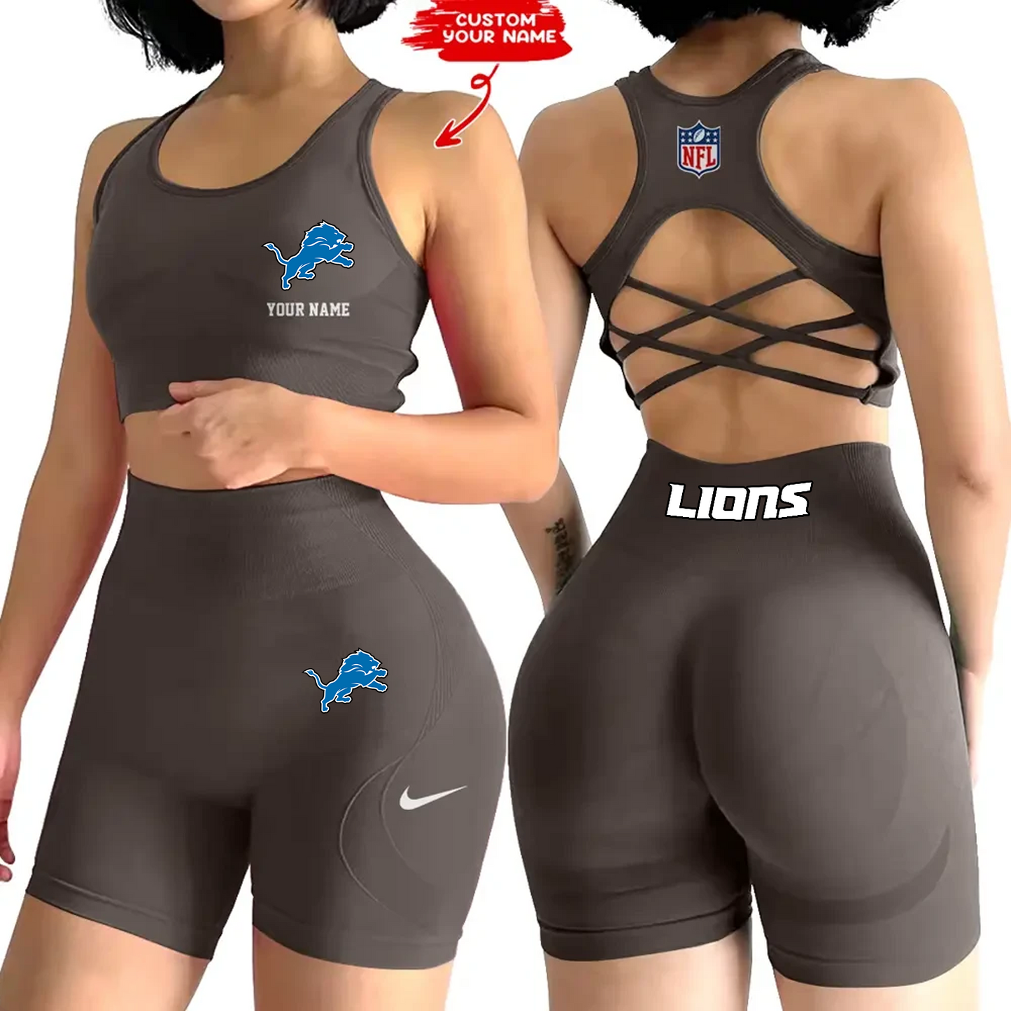DET x NFL 2-PCS Women's Seamless Yoga Set Sexy Sport Bra High Waist Sports Shorts DATND TANTD