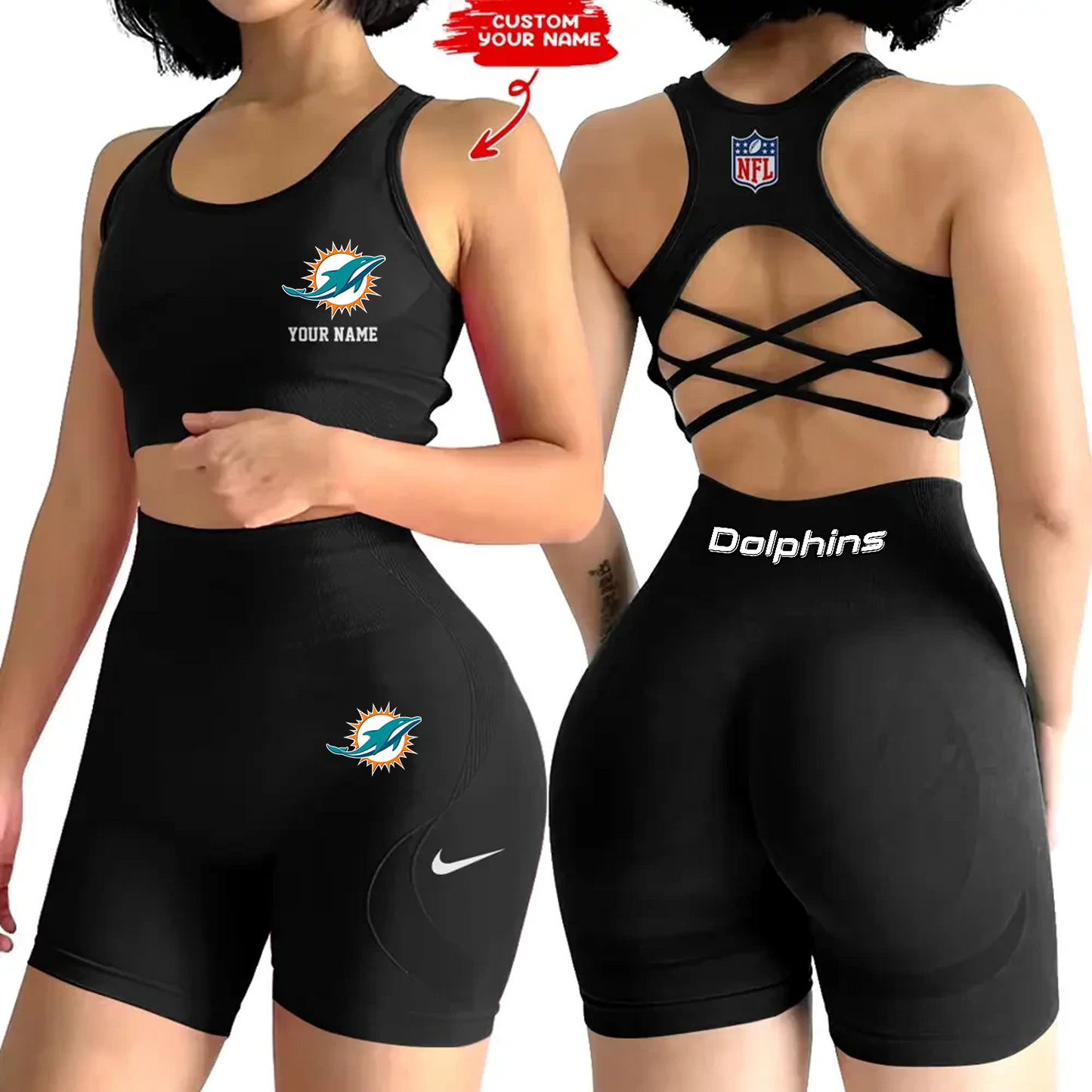 MIA x NFL 2-PCS Women's Seamless Yoga Set Sexy Sport Bra High Waist Sports Shorts DATND TANTD