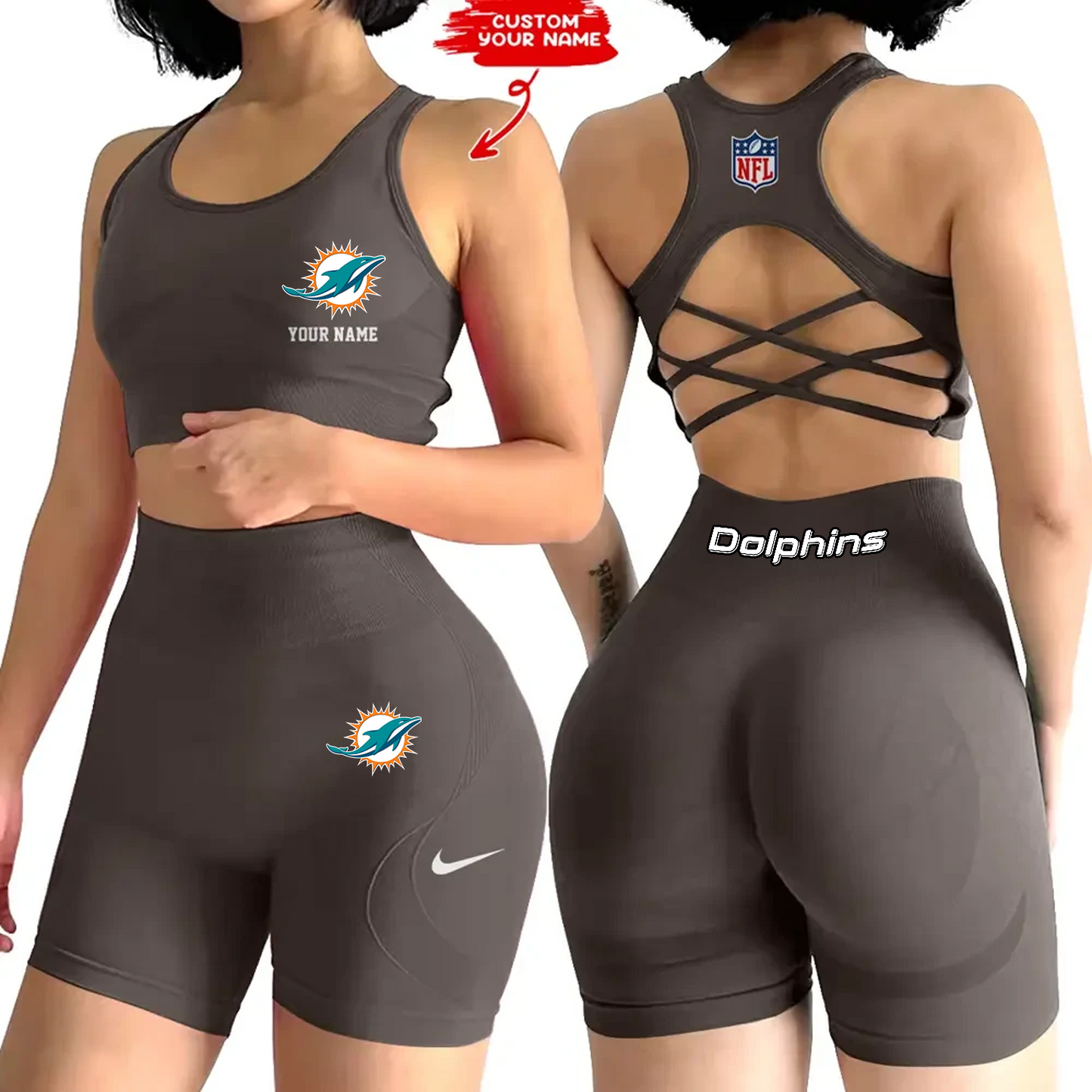 MIA x NFL 2-PCS Women's Seamless Yoga Set Sexy Sport Bra High Waist Sports Shorts DATND TANTD