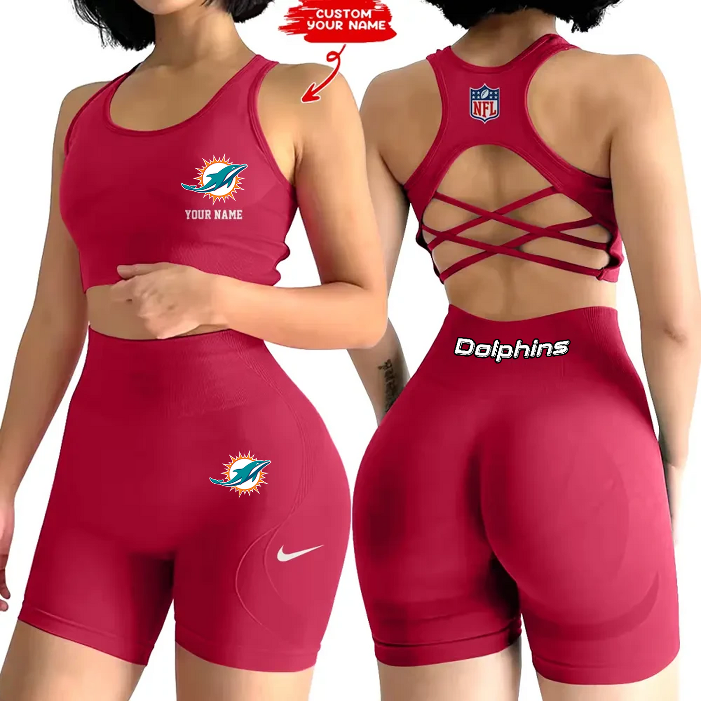 MIA x NFL 2-PCS Women's Seamless Yoga Set Sexy Sport Bra High Waist Sports Shorts DATND TANTD
