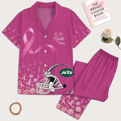 NYJ Premium NFL Breast Cancer October Button Pajamas Set DDT NTL