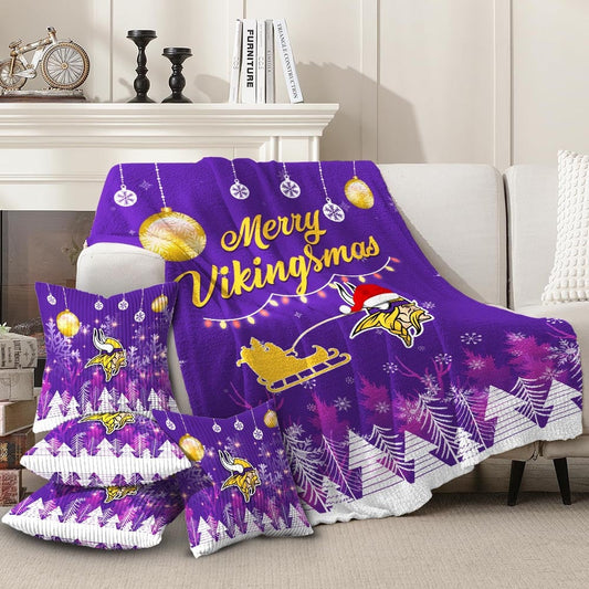 Premium NFL MIN Christmas Fleece Blanket & Throw Pillow Combo V1 NMD NHM
