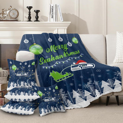 Premium NFL SEA Christmas Fleece Blanket & Throw Pillow Combo V1 NMD NHM