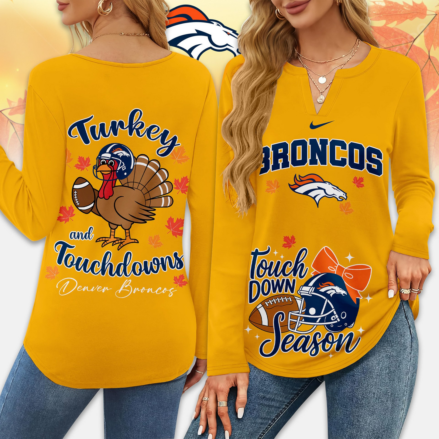 Premium NFL x BRON  Turkey and Touchdowns V-neck Long Sleeve Shirt NDT NHM