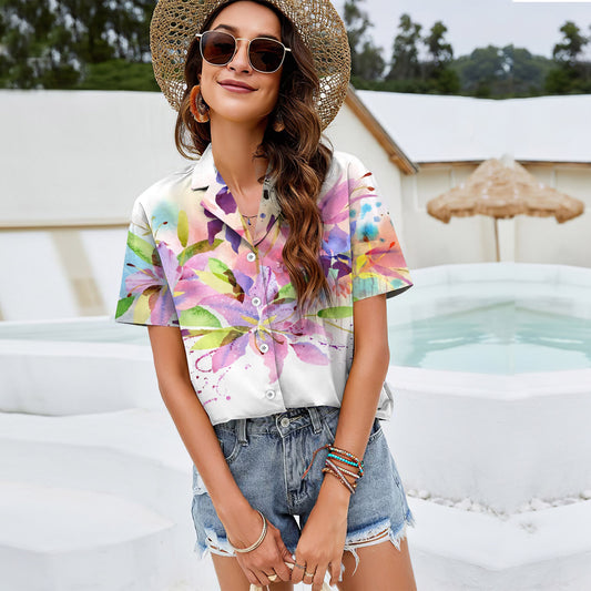 Colorful Modern Watercolor Floral Women Casual Shirt |Hawaiian Shirt | Short Sleeve Shirt